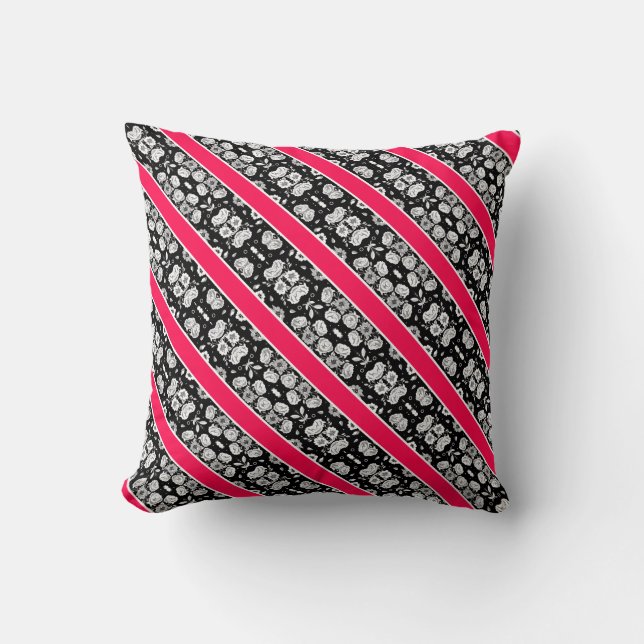 Cute pink black white flowers stripes cushion (Front)