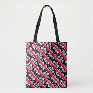 Cute pink black white flowers stripes tote bag