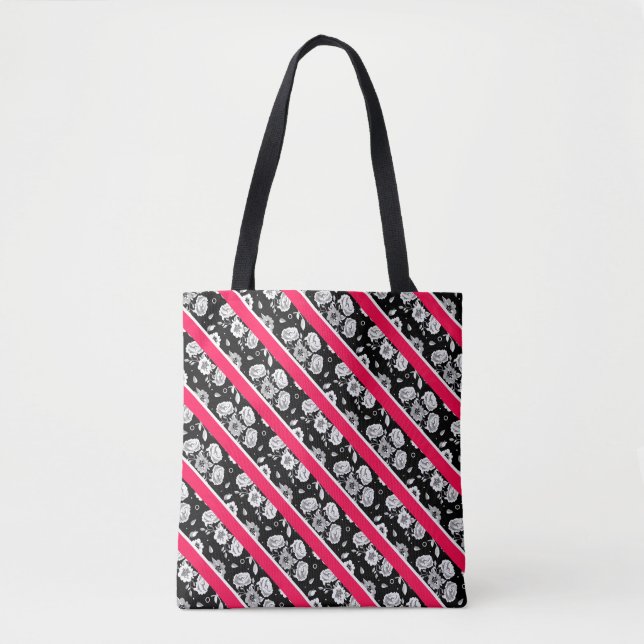 Cute pink black white flowers stripes tote bag (Front)
