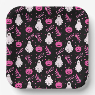 Cute Pink Black White Halloween Party Paper Plate