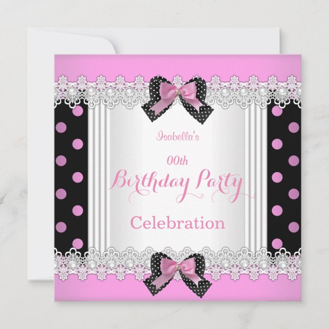 Cute Pink Black White Polka Dot Birthday Party Invitation (Front)
