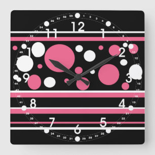 Cute Pink Black White Stripes Polka Dots Pattern Square Wall Clock