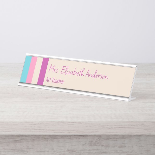 Cute Pink Blue and Beige Striped Teacher Name Desk Name Plate (Front)