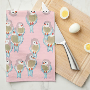 Cute Pink & Blue Bird Pattern Modern Abstract Tea Towel