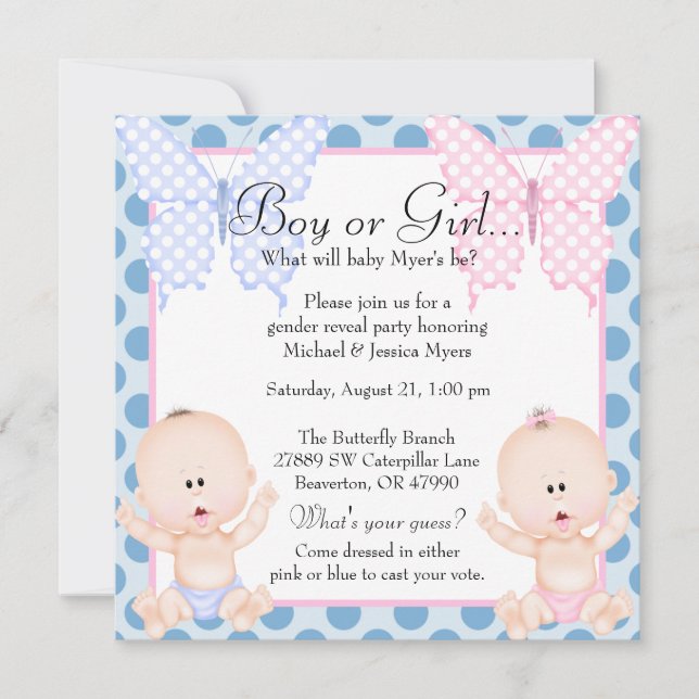 Cute Pink & Blue Butterfly Gender Reveal Invite (Front)