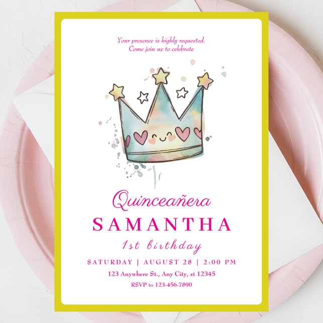 Cute Pink Blue Crown Princess First Birthday Invitation (Creator Uploaded)