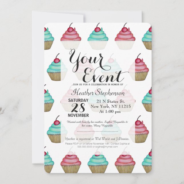 Cute Pink & Blue Cupcake with Cherry on Top Invitation (Front)
