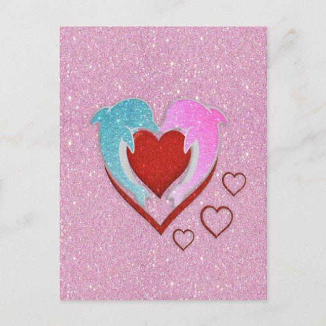 Cute pink blue dolphins holding a red heart postcard (Front)