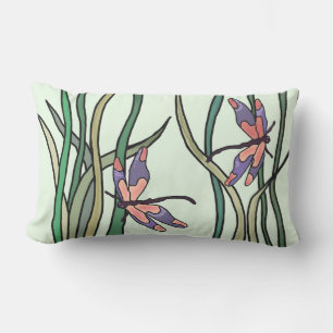 Cute Pink Blue Dragonflies and Green Leaves Lumbar Cushion