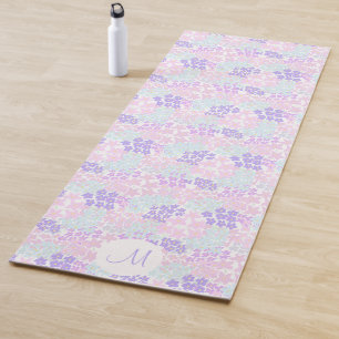 Cute Pink Blue Floral Custom Monogram Colourful Yoga Mat