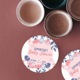 Cute Pink Blue Flowers Botanical Baby Shower Round Paper Coaster