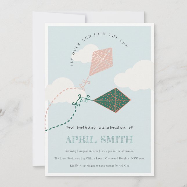 Cute Pink Blue Flying Kite Sky Clouds Birthday Invitation (Front)