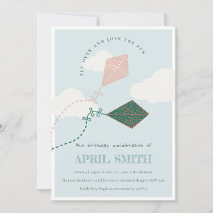 Cute Pink Blue Flying Kite Sky Clouds Birthday Invitation
