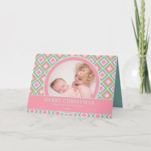 Cute Pink Blue Green Christmas Grandparent Photo Holiday Card