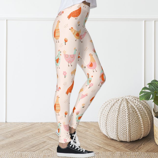 Cute Pink Blue Hen Chicken Floral Leggings (Creator Uploaded)