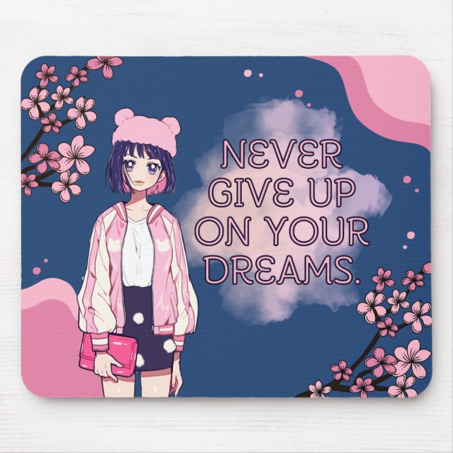 Cute Pink Blue Kawaii Anime Cherry Blossom Girly Mouse Pad (Front)
