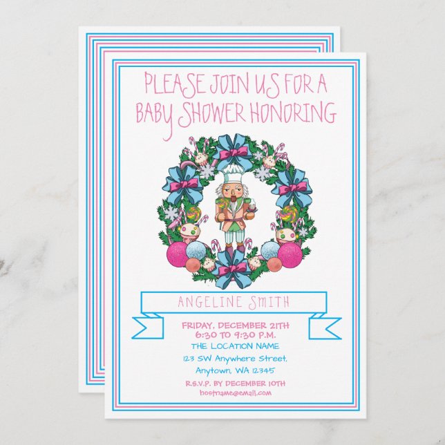 Cute Pink Blue Nutcracker Wreath Baby Shower Invitation (Front/Back)