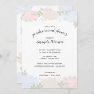Cute Pink & Blue Peonies Gender Reveal Invitation