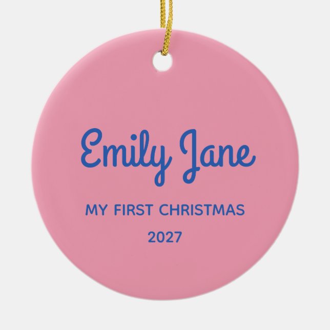 Cute Pink Blue Personalised Photo First Christmas Ceramic Ornament (Front)
