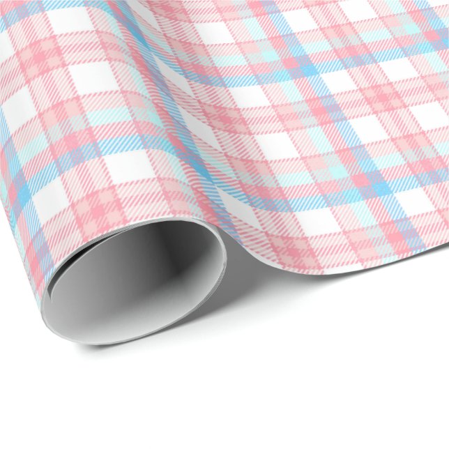 cute pink blue plaid gender reveal party  wrapping paper (Roll Corner)