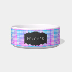 Cute Pink Blue Plaid Personalised Pet Bowl