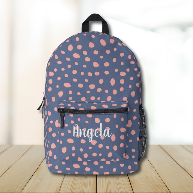 Cute Pink Blue Polka Dots Monogram Name Printed Backpack (Creator Uploaded)