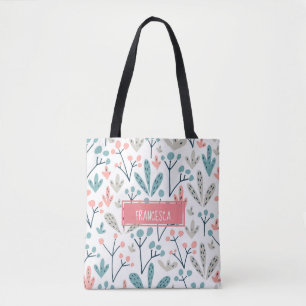 Cute Pink Blue Scandinavian Plants Pattern Tote Bag