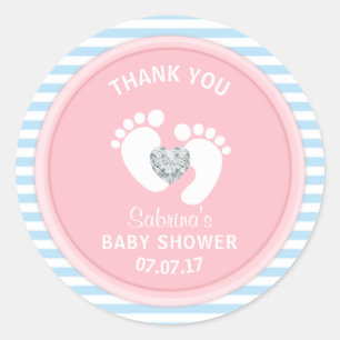 Cute Pink Blue White Baby Shower Gender Reveal Classic Round Sticker