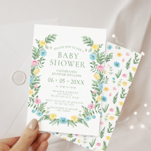 Cute pink blue yellow wildflower boho baby shower invitation