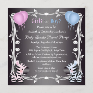 Cute Pink & Blue Zebras Baby Gender Reveal Shower Invitation