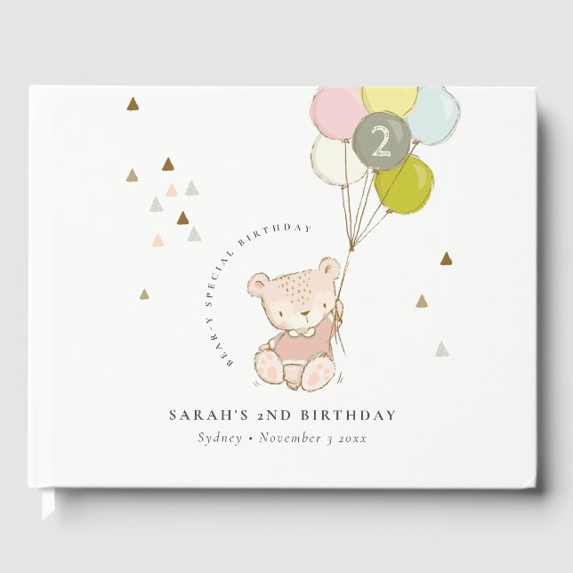 Cute Pink Blush Bear Balloon Any Age Birthday Guest Book (Front)