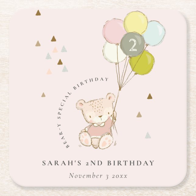 Cute Pink Blush Bear Balloon Any Age Birthday Square Paper Coaster (Front)