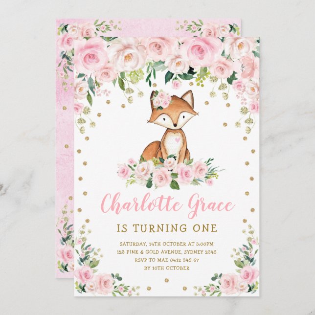 Cute Pink Blush Floral Woodland Fox Girls Birthday Invitation (Front/Back)