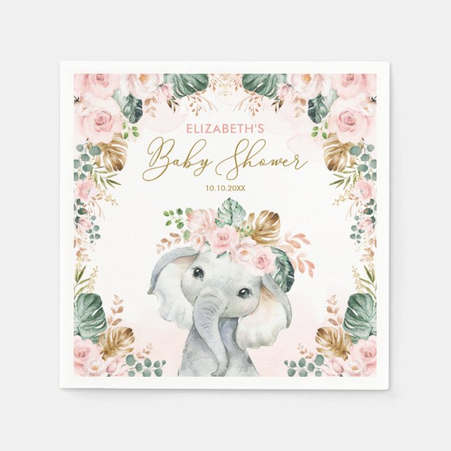 Cute Pink Blush Tropical Elephant Baby Shower Napkin (Front)