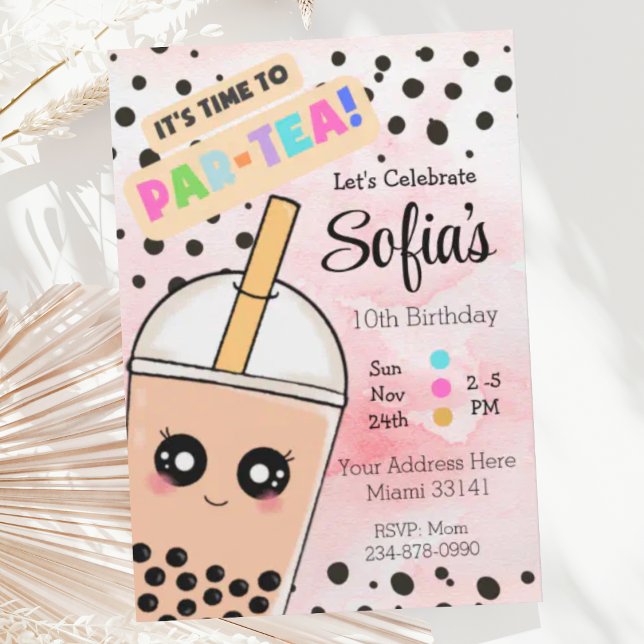 Cute Pink Boba Tea Girl Birthday Party Invitation  (Creator Uploaded)