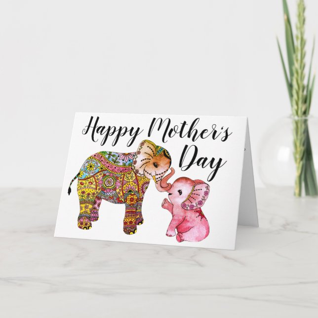 Cute Pink Boho Baby Elephant Happy Mothers Day Card (Front)