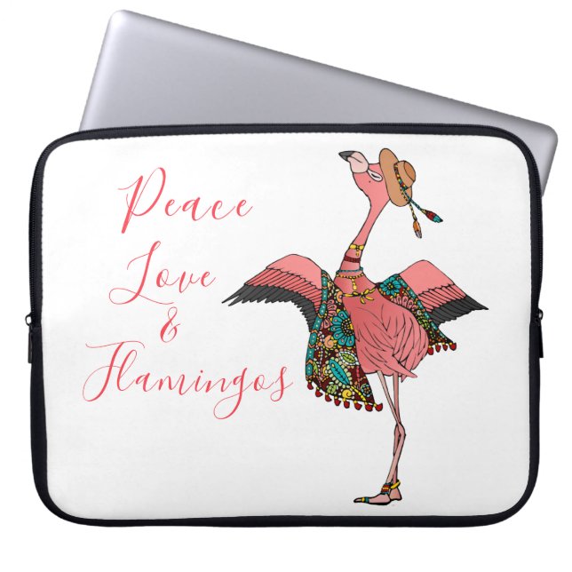 Cute Pink Boho Flamingo Peace Love and Flamingos Laptop Sleeve (Front)