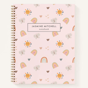 Cute Pink Boho Rainbow, Butterfly & Sun Notebook