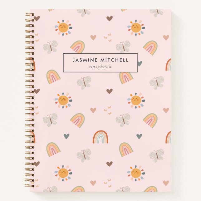 Cute Pink Boho Rainbow, Butterfly & Sun  Notebook (Front)