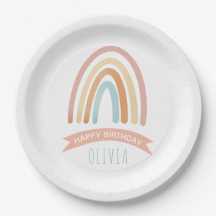 Cute Pink Boho Rainbow Girls Birthday Paper Plate