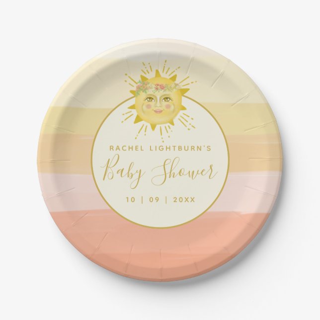Cute Pink Boho Rainbow Ray of Sunshine Baby Shower Paper Plate (Front)