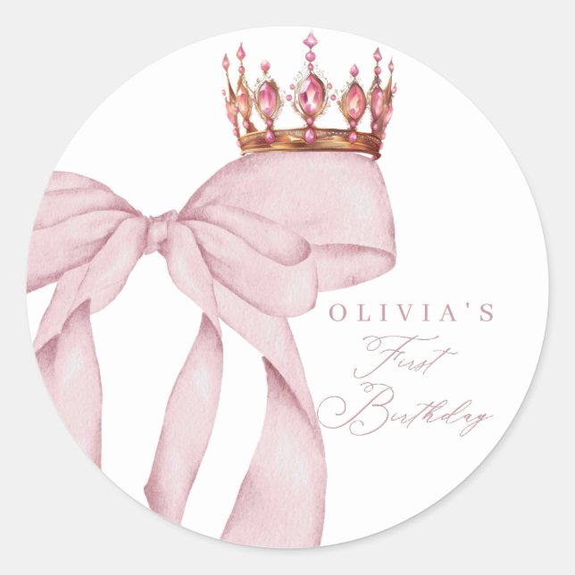 Cute Pink Bow 1st Birthday  Classic Round Sticker (Front)