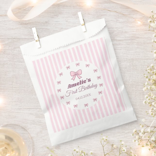 Cute Pink Bow 1st Birthday Party Favour Bag (Clipped)