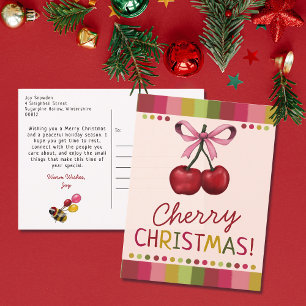 Cute Pink Bow and Red Cherry Christmas  Holiday Postcard