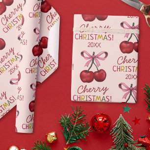 Cute Pink Bow and Red Cherry Christmas Pattern Wrapping Paper