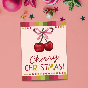 Cute Pink Bow and Sweet Red Cherry Christmas  Card