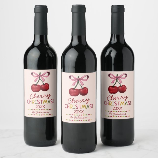 Cute Pink Bow and Sweet Red Cherry Christmas  Wine Label (Bottles)