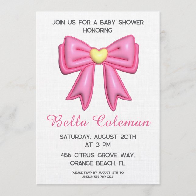 cute pink bow baby shower invitation (Front)