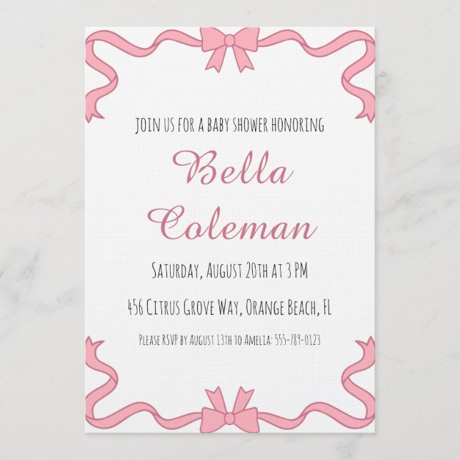 cute pink bow baby shower invitation (Front)