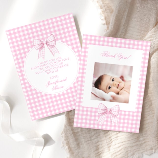Cute pink bow baby shower photo thank you cards (Creator Uploaded)